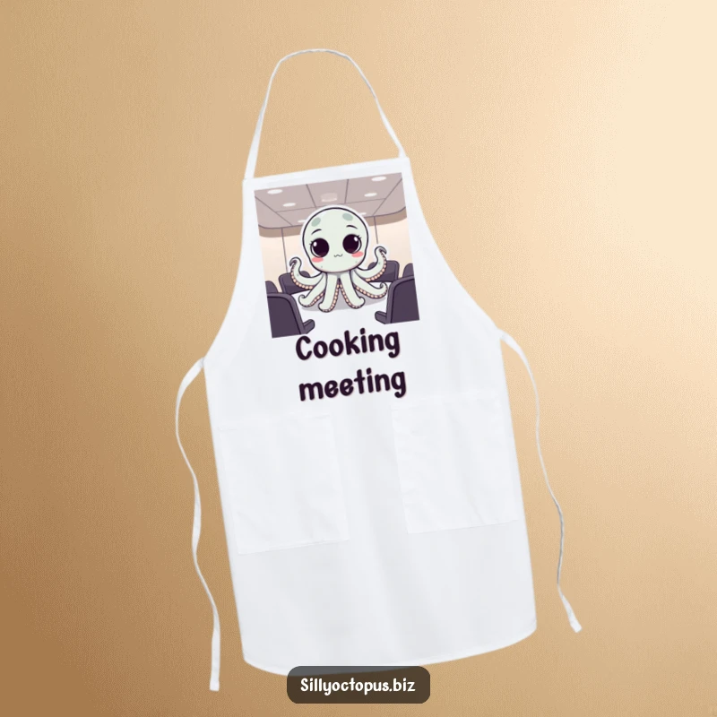 Funny octopus with large, expressive dot eyes attending a meeting, depicted on a humorous kitchen apron.