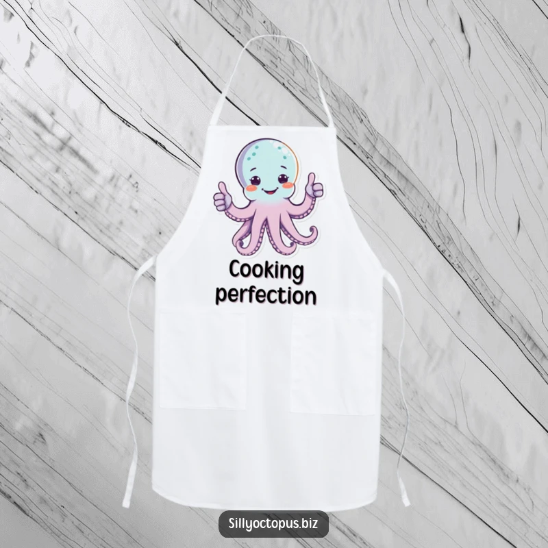 Funny happy octopus character giving two thumbs up with multiple arms, on a functional kitchen apron.