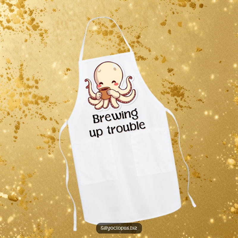 Funny octopus with radiating energy lines, holding a coffee cup, depicted on a humorous kitchen apron.