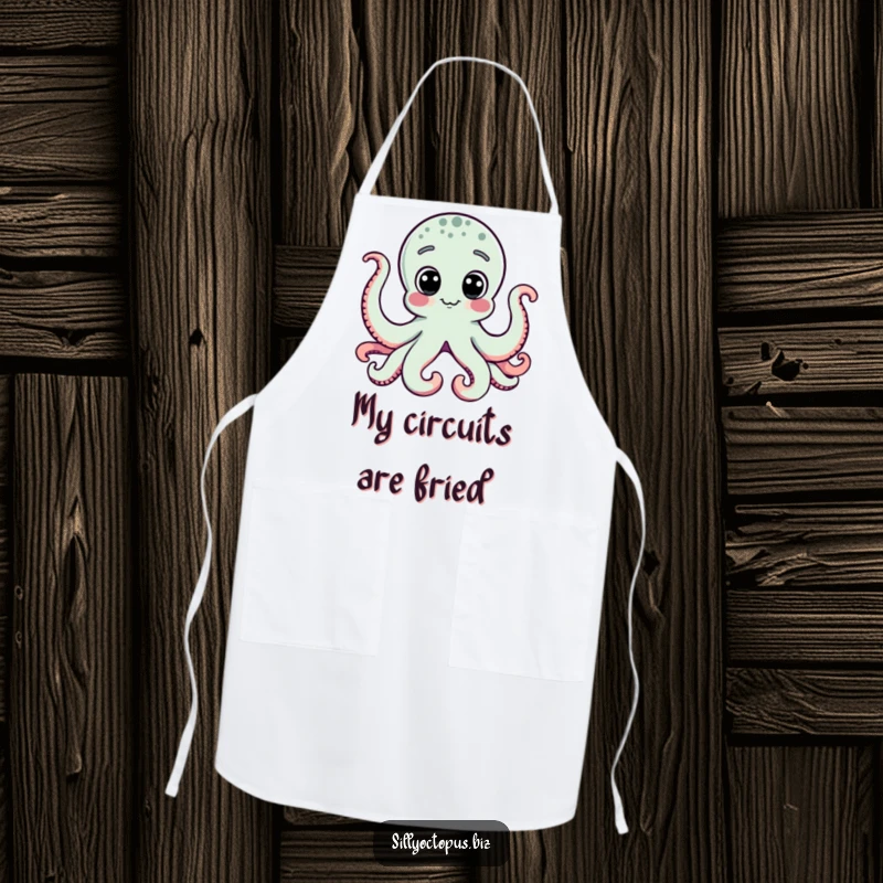 Funny octopus with curious dot eyes glued to a computer, depicted on a practical and amusing kitchen apron.