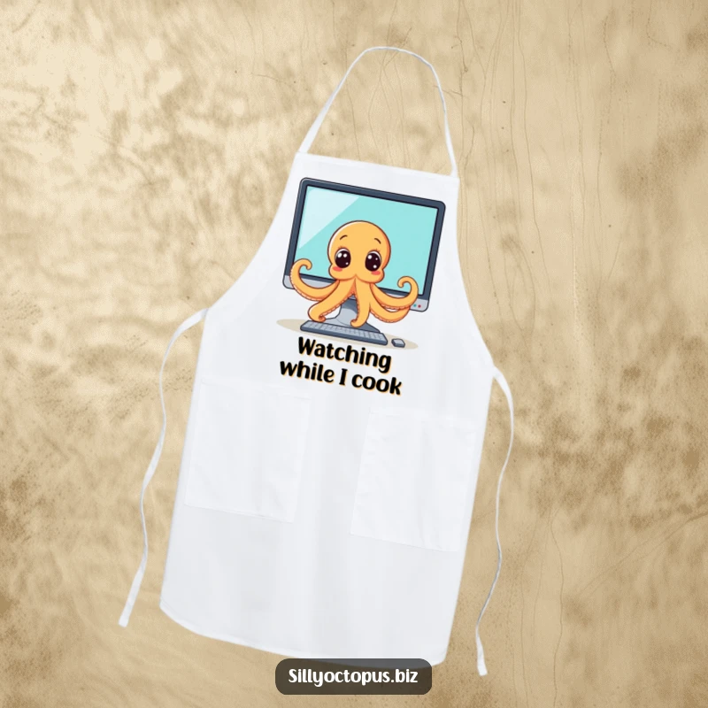 Funny octopus apron featuring a wide-eyed octopus peeking from behind a computer monitor, adding tech-themed humor to kitchen duties.