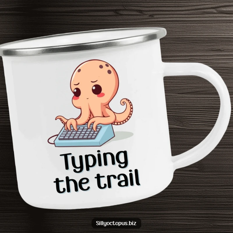 Funny cheerful octopus character typing rapidly on a tiny keyboard, on a durable camping mug.