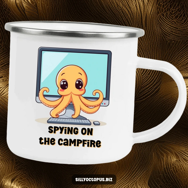 Funny octopus camping mug featuring a curious octopus peeking from behind a computer monitor, perfect for tech-loving adventurers.