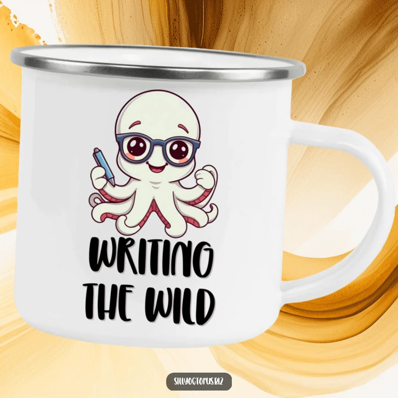 Funny smiling octopus character wearing tiny office glasses and holding a pen, on a durable camping mug.