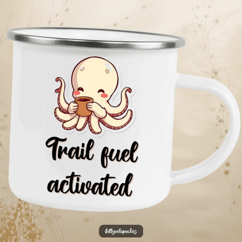 Funny octopus with energetic lines, holding a coffee cup, designed for a humorous camping mug.