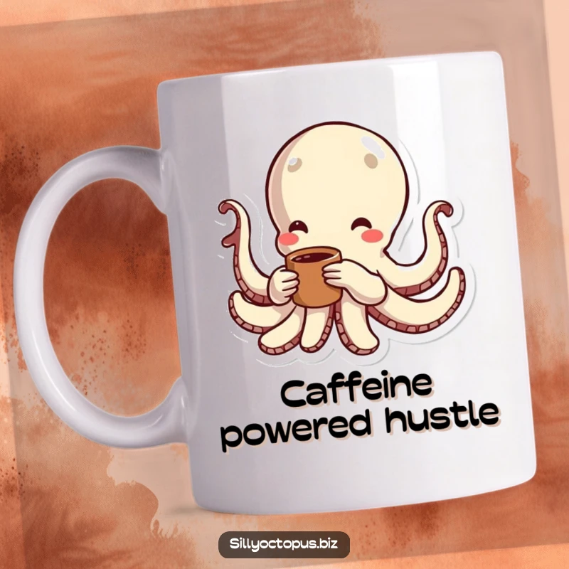 Funny octopus with energetic lines radiating from its body, holding a steaming coffee cup, ready for action.