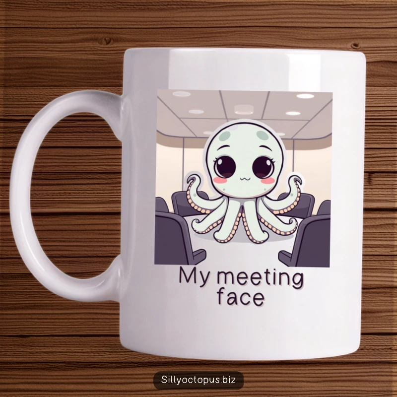 Funny octopus with big, expressive dot eyes looking slightly overwhelmed in a business meeting setting.