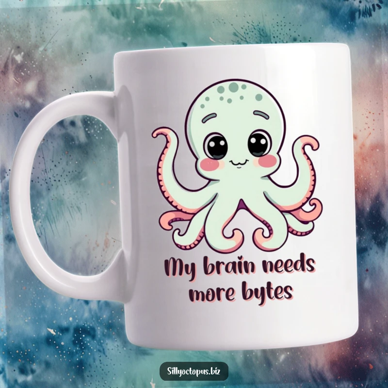 Funny octopus with big dot eyes intensely staring at a computer screen, looking engrossed in its work, perfect for tech lovers.