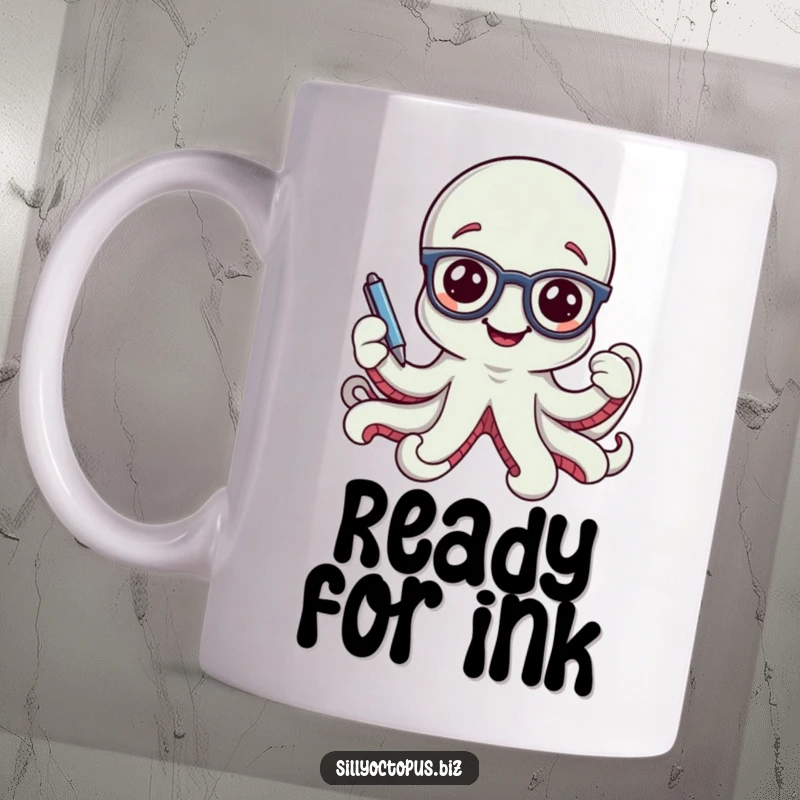 Funny smiling octopus character wearing tiny office glasses and holding a pen, on a ceramic coffee mug.