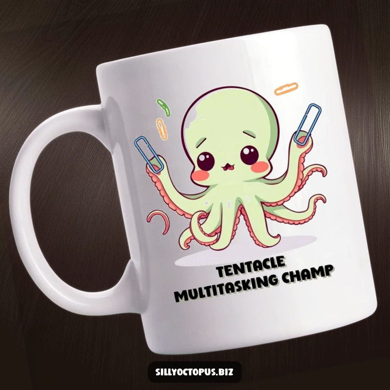 Funny octopus mug showing a surprised cephalopod wildly juggling a mess of paperclips with all its tentacles, perfect for anyone feeling overwhelmed.