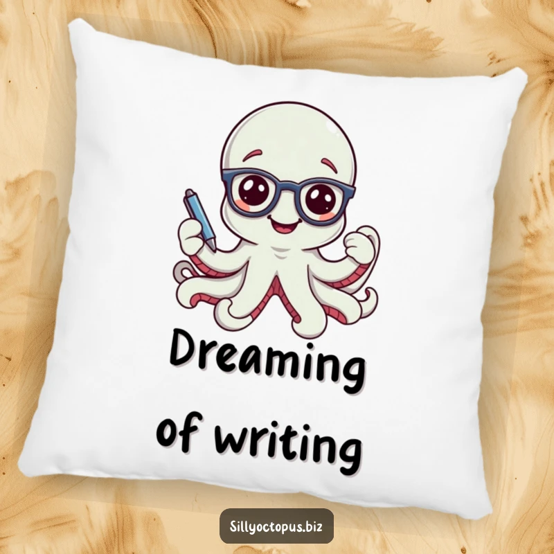 Funny smiling octopus character wearing tiny office glasses and holding a pen, on a soft decorative pillow.