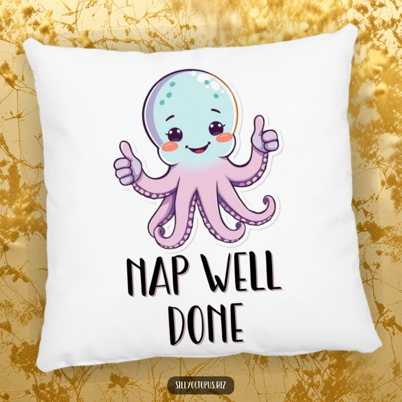 Funny happy octopus character giving two thumbs up with multiple arms, on a soft decorative pillow.