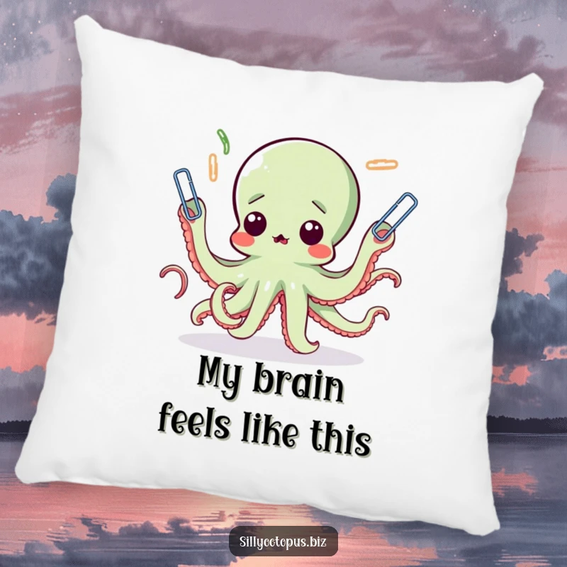 Funny octopus pillow showing a surprised cephalopod comically juggling paperclips, adding a touch of humorous decor to any room.