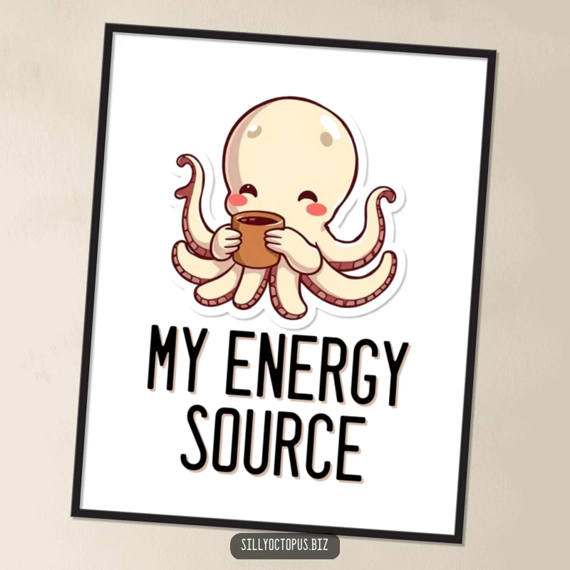 Funny octopus with vibrant energy lines, holding a coffee cup, humorous digital art print.