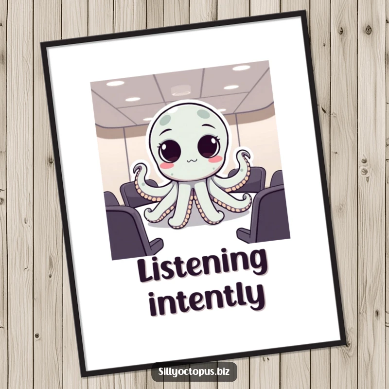 Funny octopus with big, expressive dot eyes attending a business meeting, humorous digital art print.