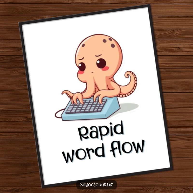 Funny cheerful octopus character typing rapidly on a tiny keyboard, as a high-resolution digital art print.