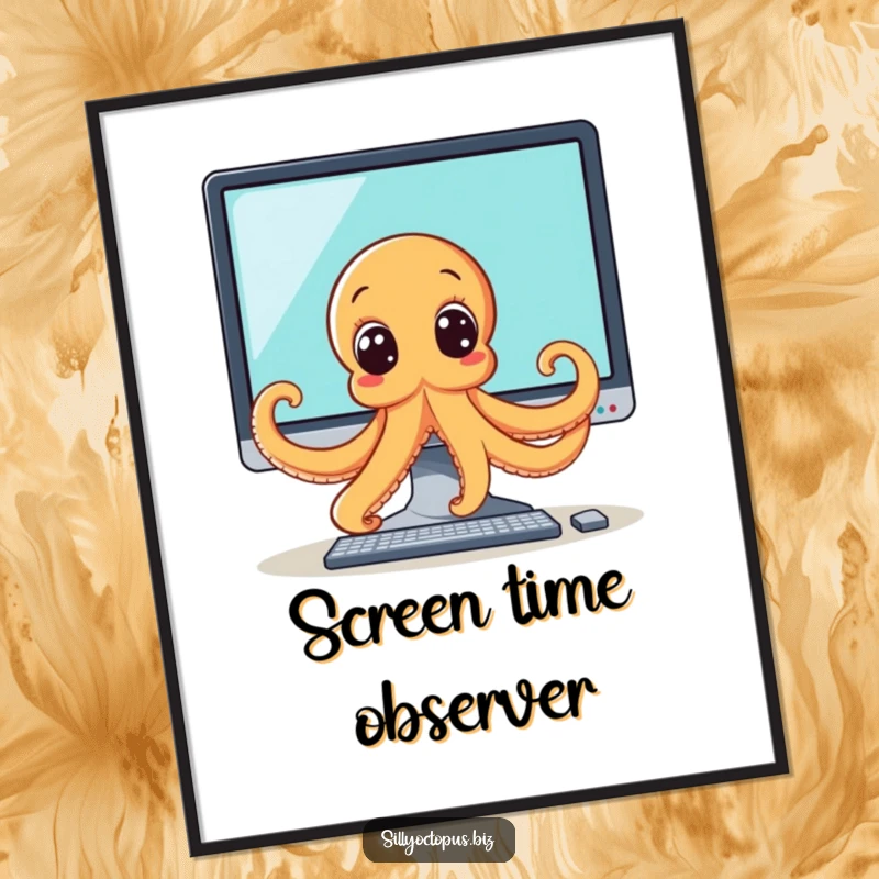 Funny octopus digital art print of a wide-eyed octopus peeking from behind a computer monitor, a humorous and relatable tech-themed piece.