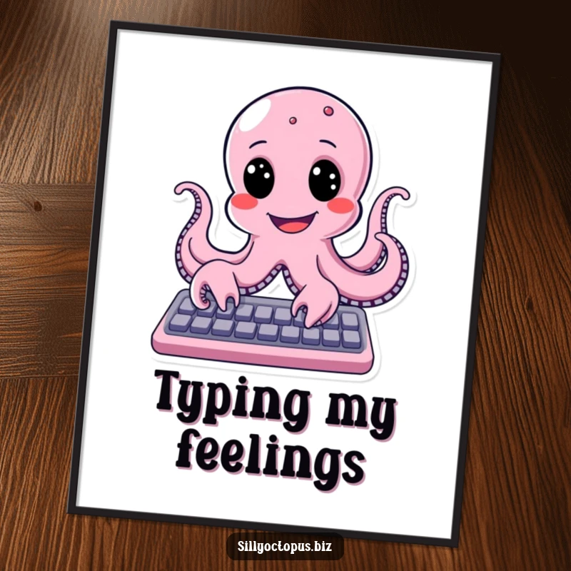 Funny octopus with a huge, happy smile typing energetically on a keyboard, humorous digital art print.