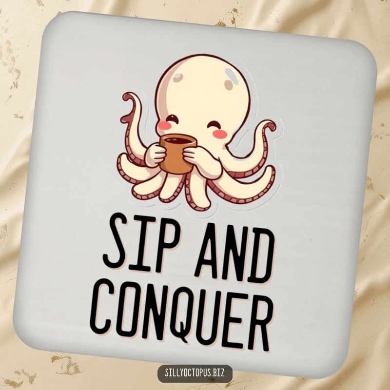 Funny octopus with radiating energy lines, holding a coffee cup, featured on a humorous drink coaster.