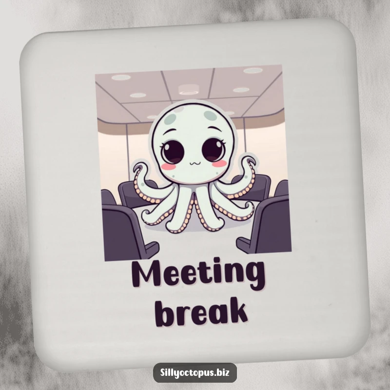 Funny octopus with large, expressive dot eyes attending a meeting, featured on a humorous drink coaster.
