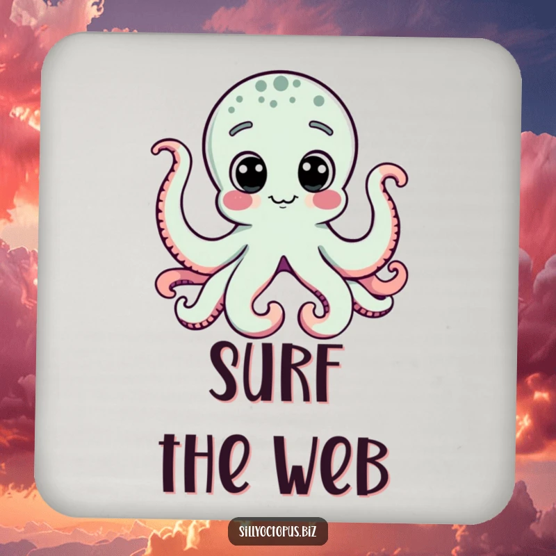 Funny octopus with big dot eyes staring at a computer, depicted on a humorous drink coaster.