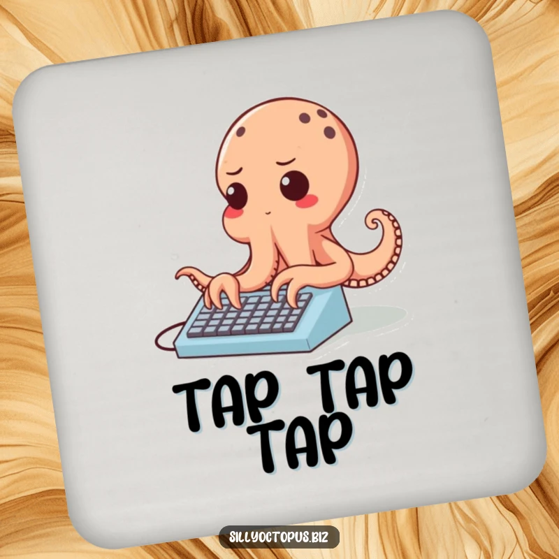 Funny cheerful octopus character typing rapidly on a tiny keyboard, on a humorous drink coaster.
