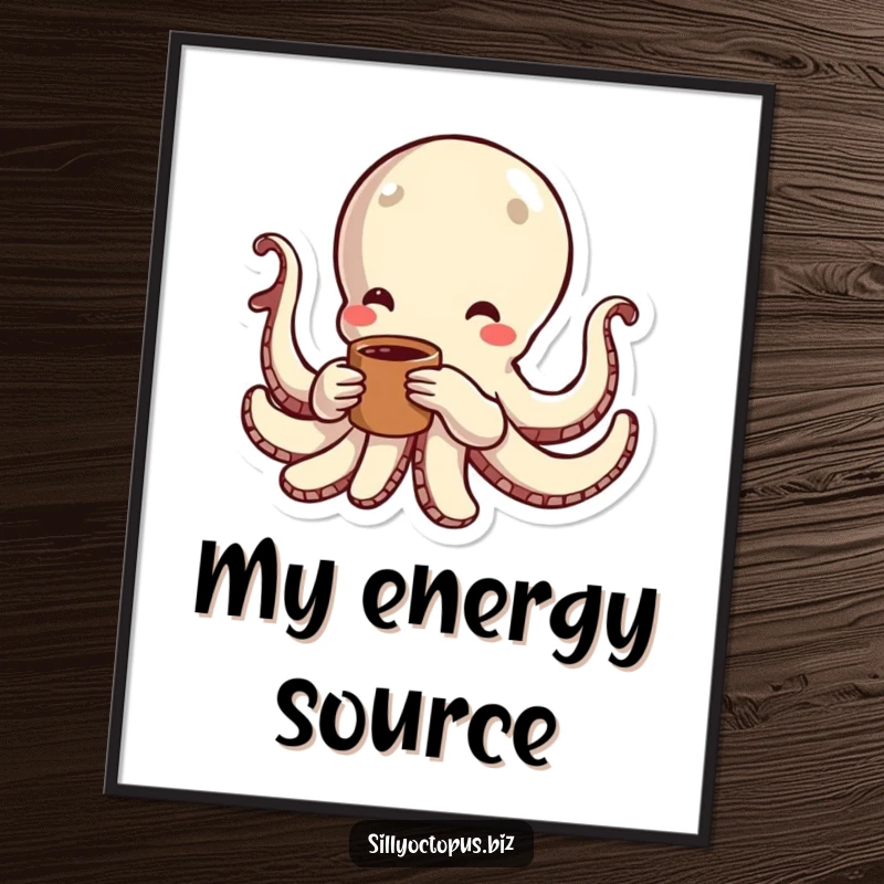 Funny octopus with bright energy lines, gripping a coffee cup, creating vibrant and humorous wall art.