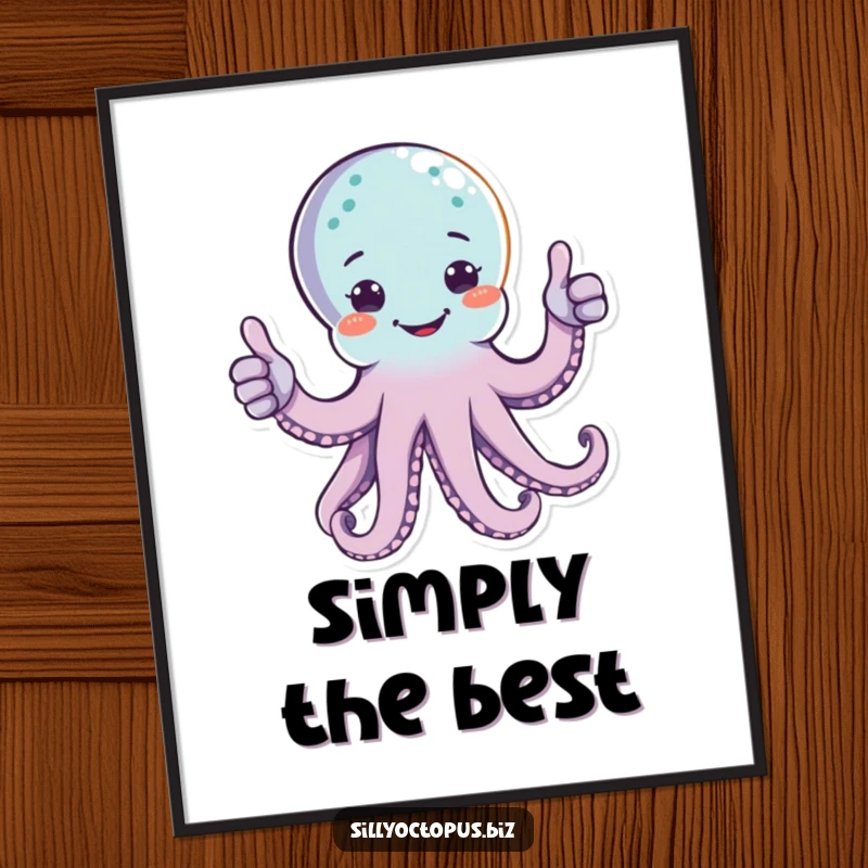 Funny happy octopus character giving two thumbs up with multiple arms, displayed as cheerful wall art.