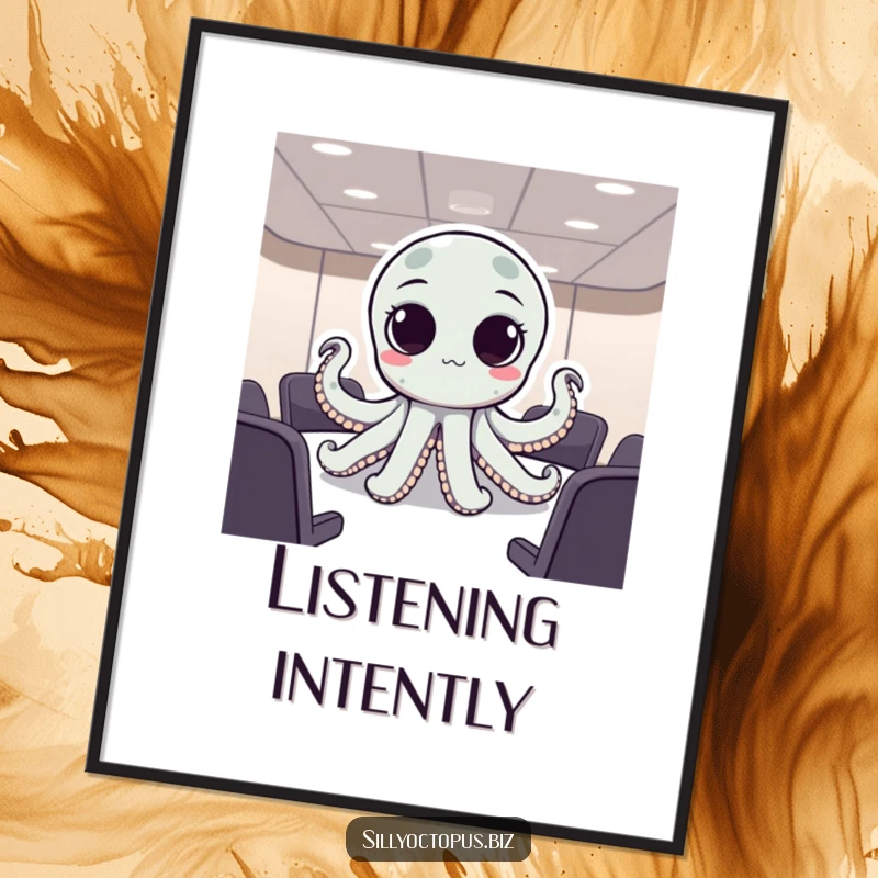 Funny octopus with big, expressive dot eyes attending a corporate meeting, creating humorous wall art.