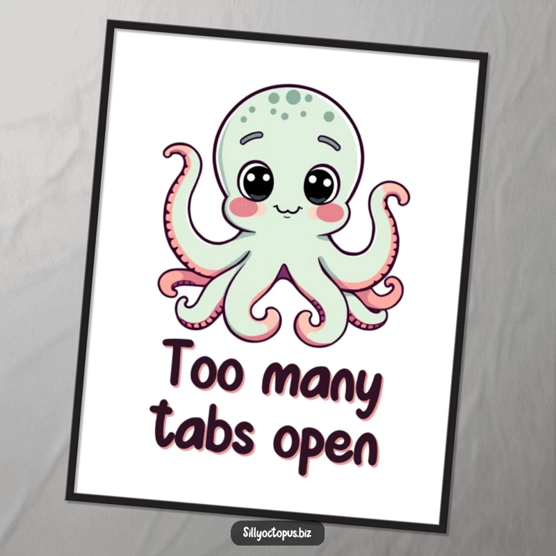 Funny octopus with large, curious dot eyes staring intently at a computer, creating amusing tech-themed wall art.