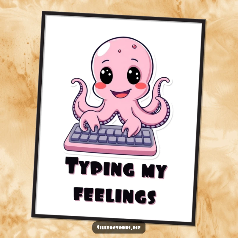 Funny octopus with a wide, cheerful smile actively typing on a keyboard, creating joyful wall art.