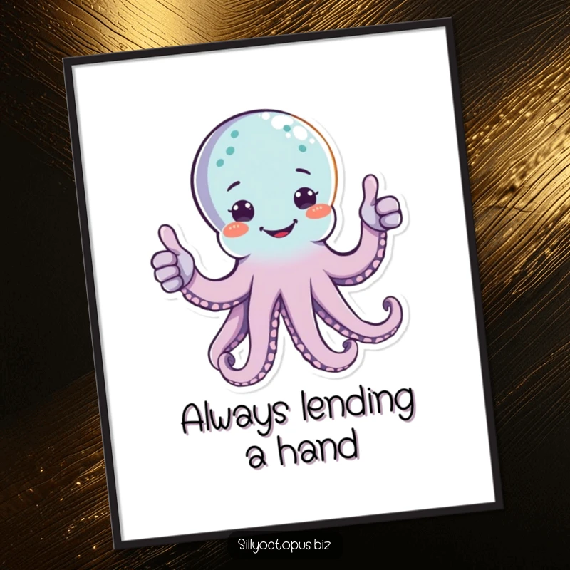 Funny free printable wall art: a happy octopus giving a thumbs up with two arms, creating cheerful and approving room decor.