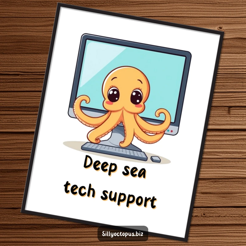 Funny Free Printable Wall Art: An octopus with huge, surprised eyes peeking over a large computer monitor, adding digital humor.