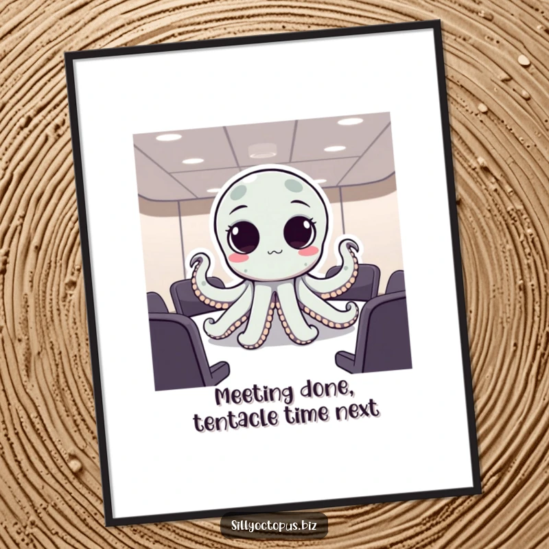 Free printable wall art capturing an octopus with big, expressive dot eyes attending a formal business meeting in a humorous way.
