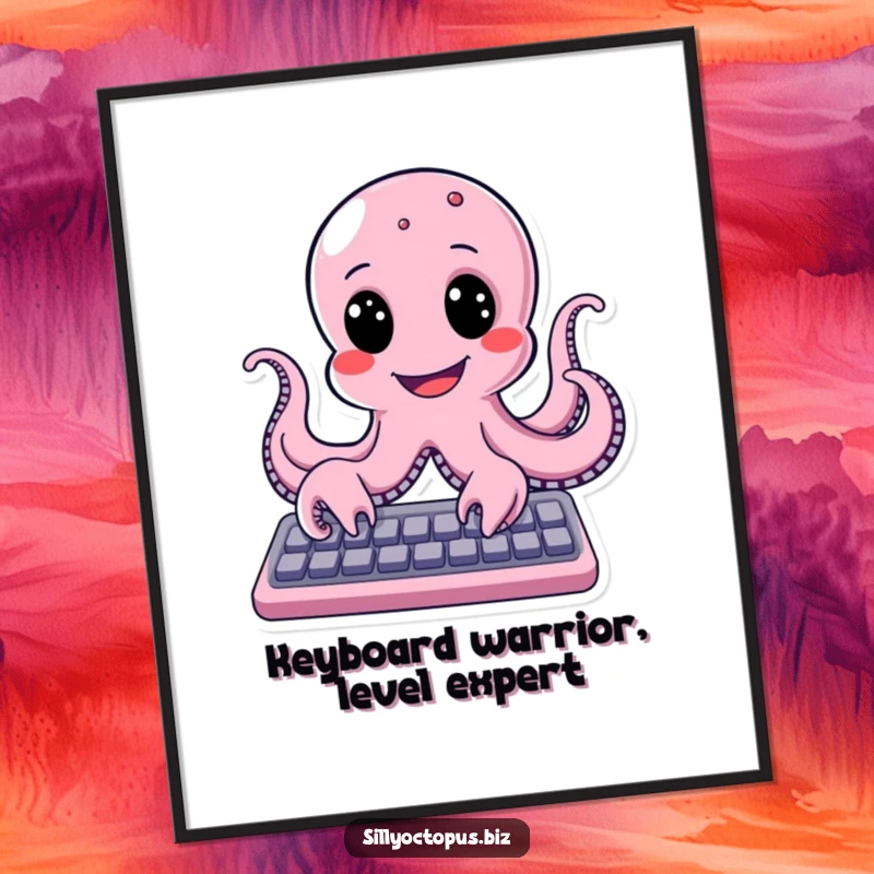 Free printable wall art of an octopus character with an enormous, happy smile typing diligently on a computer keyboard.