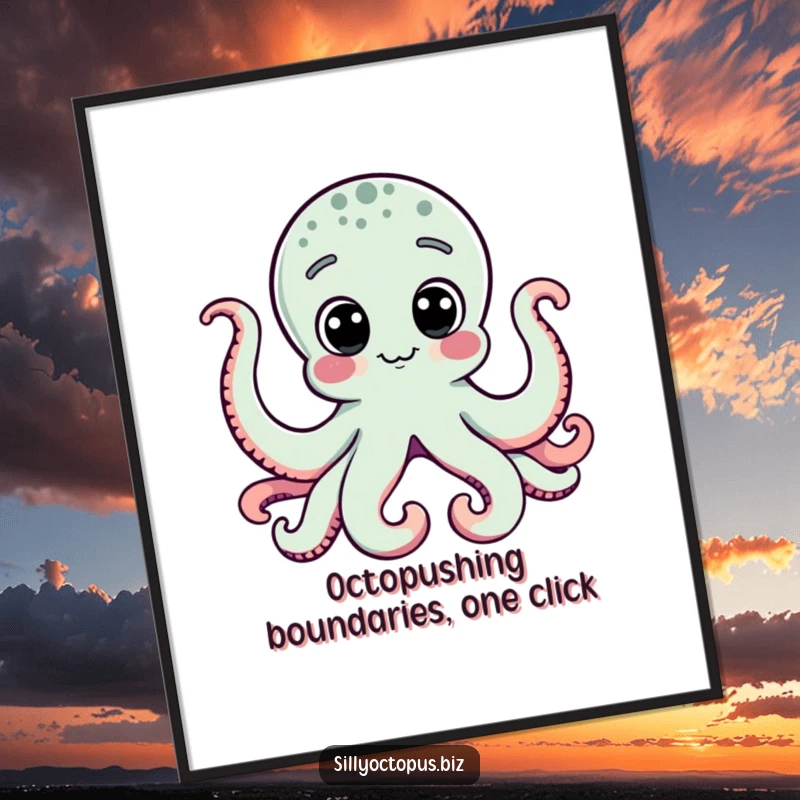Free printable wall art of a stylized octopus with large, curious dot eyes gazing at a computer monitor in a funny way.