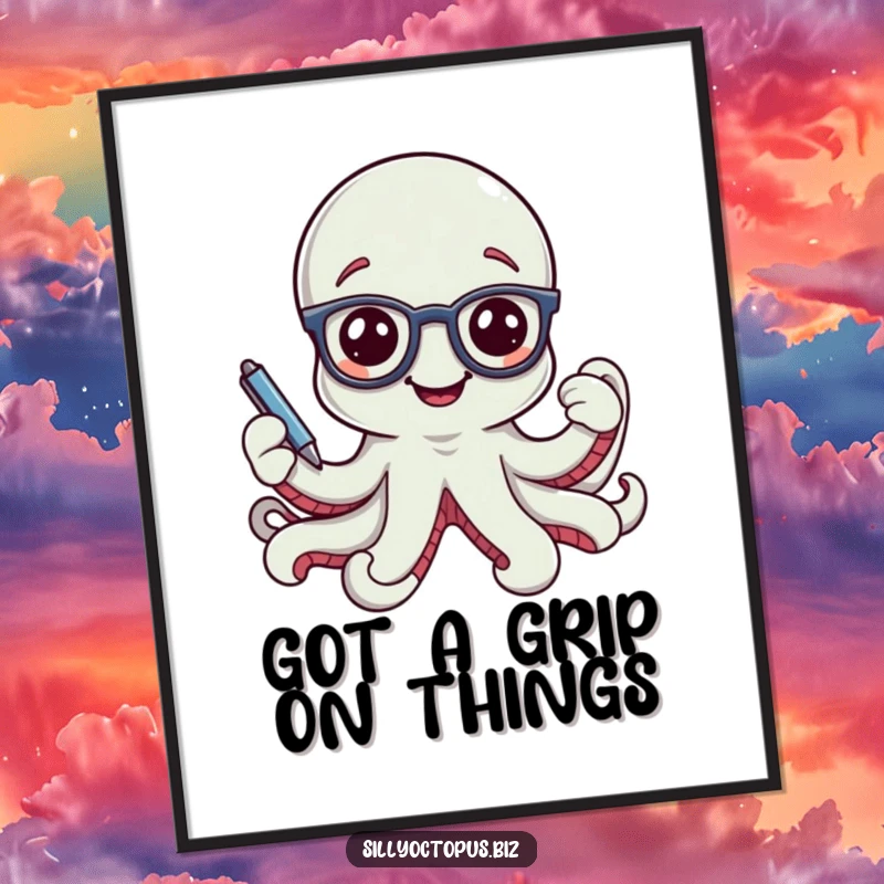 Funny free printable wall art: a smiling octopus wearing tiny office glasses, holding a pen, creating sophisticated and charming room decor.