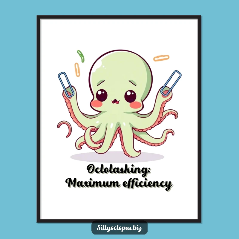 Funny Free Printable Wall Art: Surprised Octopus Juggling Paperclips, Downloadable Art Gift!