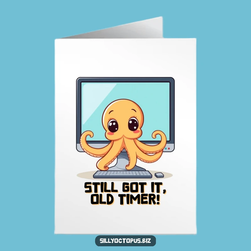 Free Printable Birthday Card: Peeking Octopus Behind Monitor, Funny Downloadable Gift!