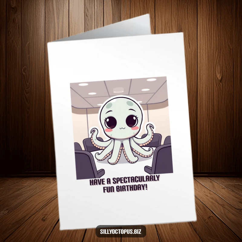 Funny free printable birthday card of an octopus with big, expressive dot eyes looking seriously during a business meeting.