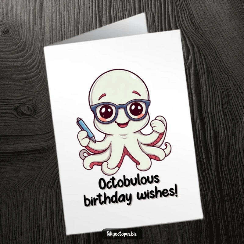 Funny free printable birthday card: a smiling octopus wearing tiny office glasses, holding a pen, looking sophisticated and ready to celebrate.
