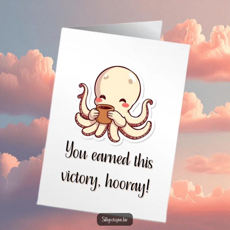 Free printable congratulations card of an energetic octopus holding a coffee cup, ready to celebrate success with enthusiasm.