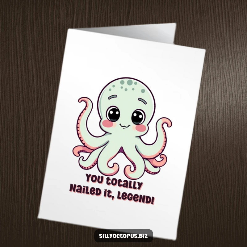 Free printable congratulations card showing a curious octopus with large dot eyes looking at a computer, perfect for celebrating achievements.