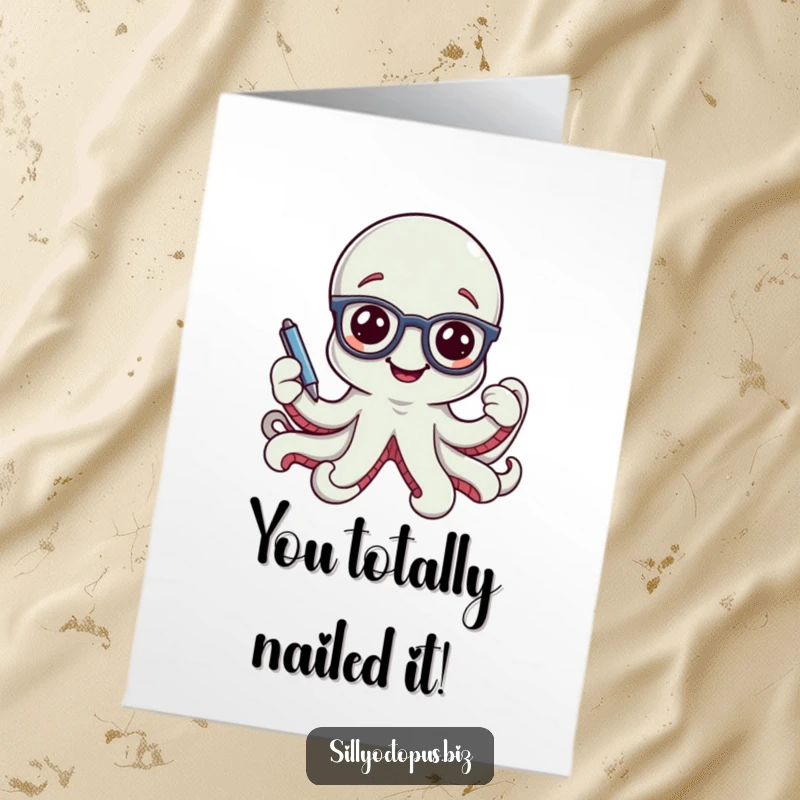 Funny free printable congratulations card: a smiling octopus wearing tiny office glasses, holding a pen, exuding intelligent celebration.