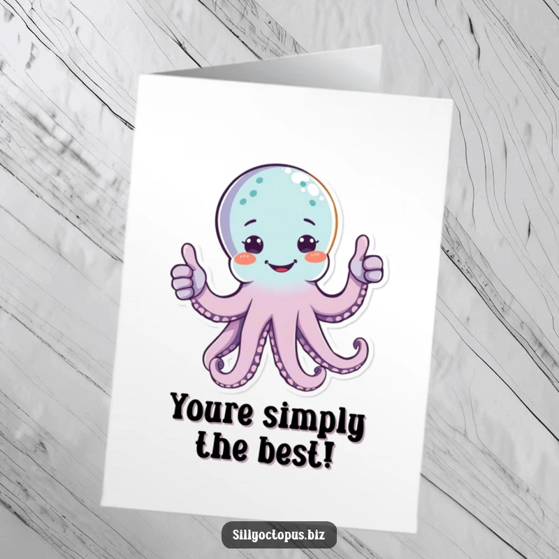 Funny free printable congratulations card: a happy octopus giving a thumbs up with two arms, celebrating a great achievement.