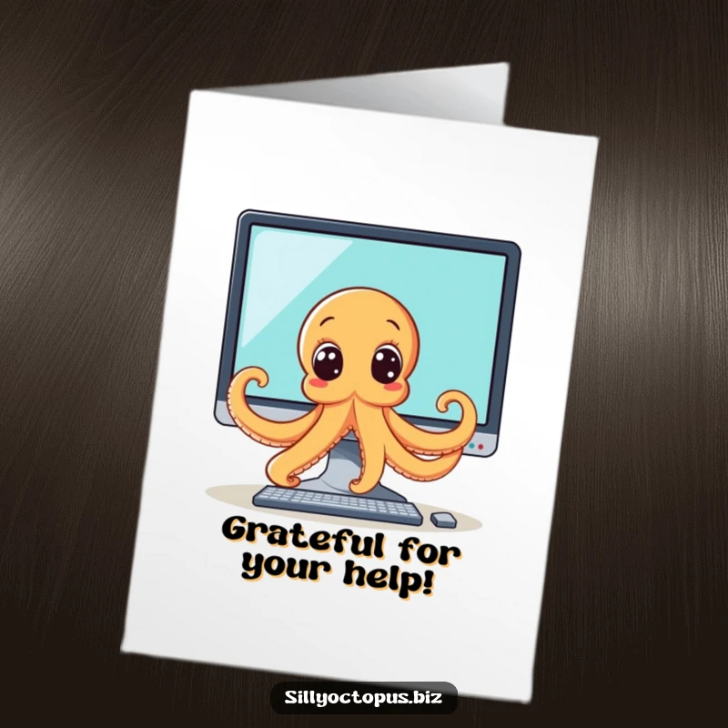 Funny Free Printable Thank You Card: An octopus with big, curious eyes peeking from behind a computer screen, a quirky thank you.