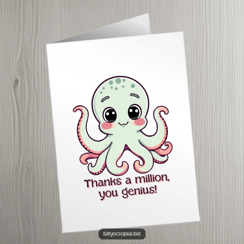 Funny free printable thank you card of an octopus with big dot eyes peeking curiously at a computer screen.