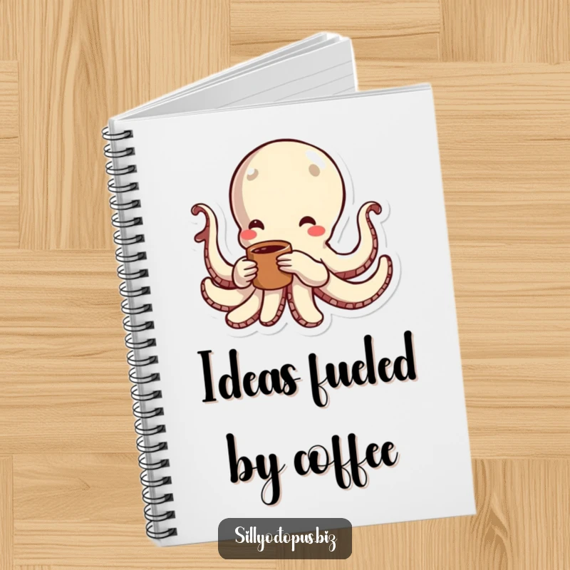 Funny octopus with energetic lines, holding a coffee cup, perfect for a humorous notebook cover.