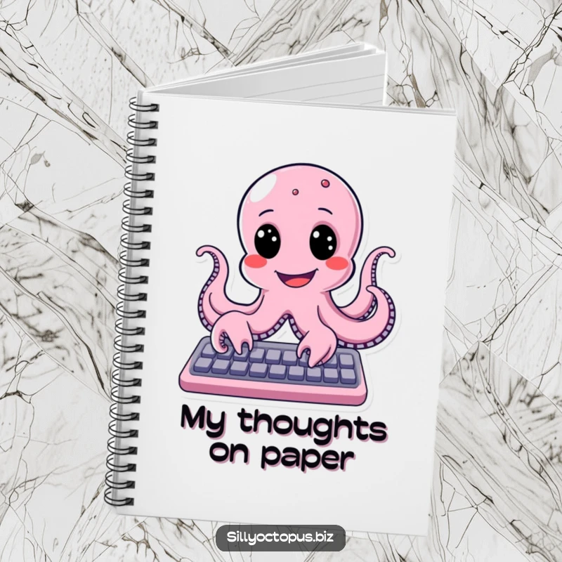 Funny octopus with a wide, happy smile typing on a keyboard, perfect for a humorous notebook cover.