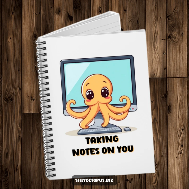 Funny octopus notebook showing a wide-eyed octopus peeking from behind a computer monitor, ideal for notes with a touch of tech humor.